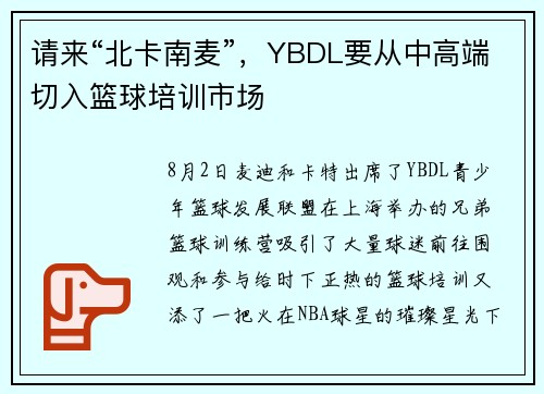 请来“北卡南麦”，YBDL要从中高端切入篮球培训市场