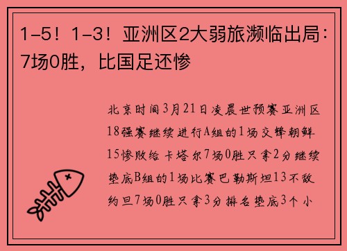 1-5！1-3！亚洲区2大弱旅濒临出局：7场0胜，比国足还惨