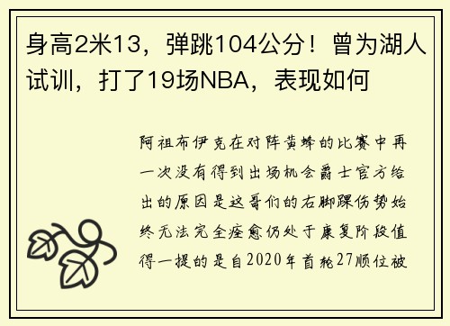 身高2米13，弹跳104公分！曾为湖人试训，打了19场NBA，表现如何